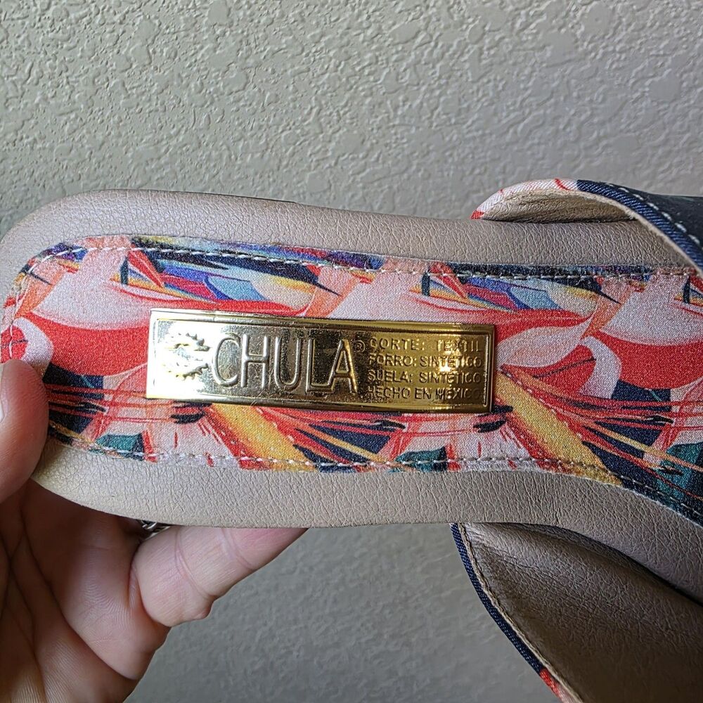CHULA Moda Consciente mules Size 7.5 Navy Satin hummingbird floral print Mexico - Picture 4 of 7